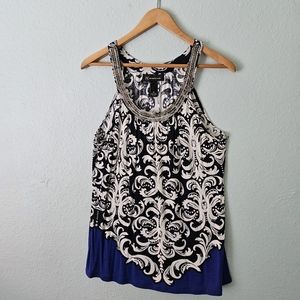 INC International Concepts Black and White Top accented with Silver Bugle Beads